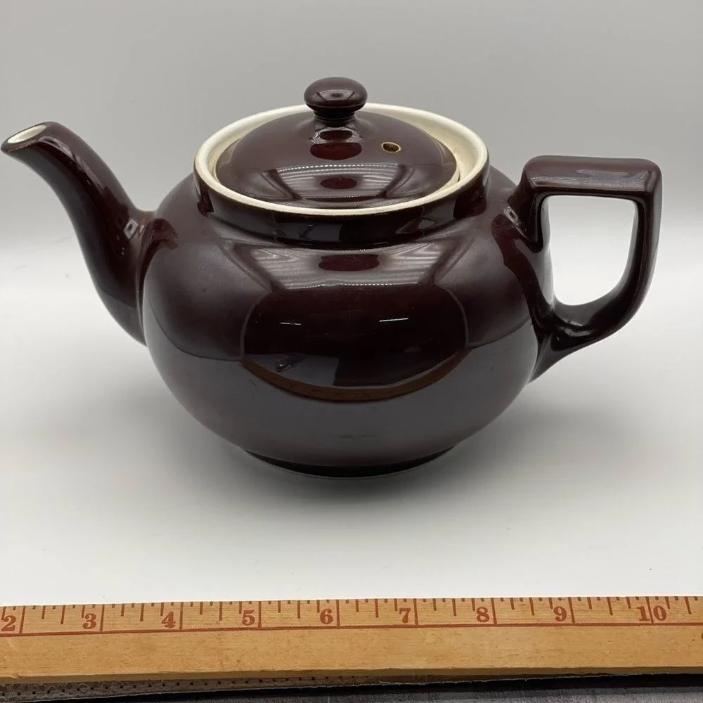 Vintage Hall China Brown‎ Teapot Ivory Interior USA Drip Glaze Vented Lid